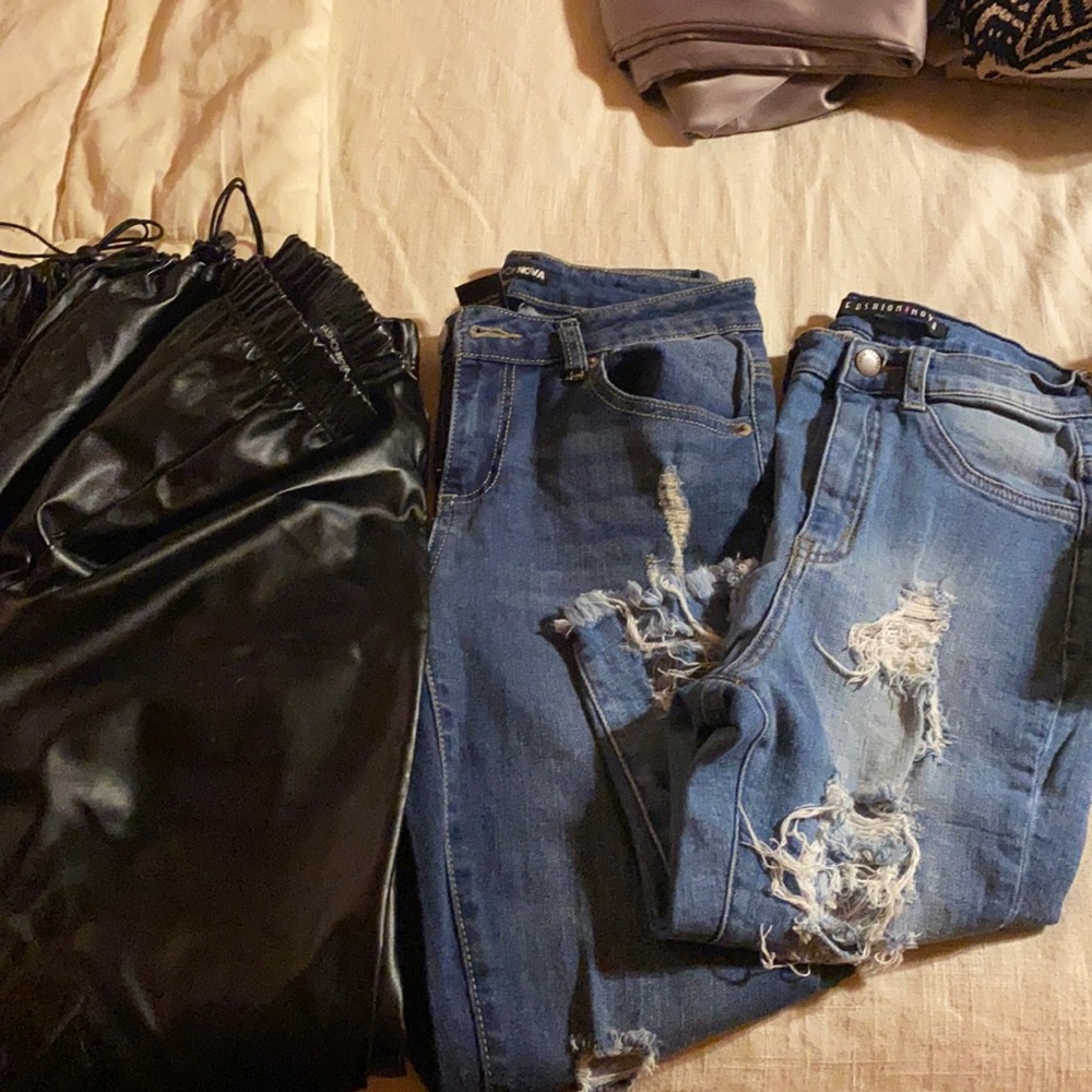 Fashion nova skinny jeans + leather joggers